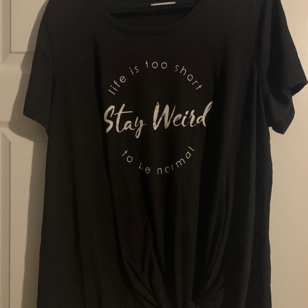 A black graphic design t-shirt